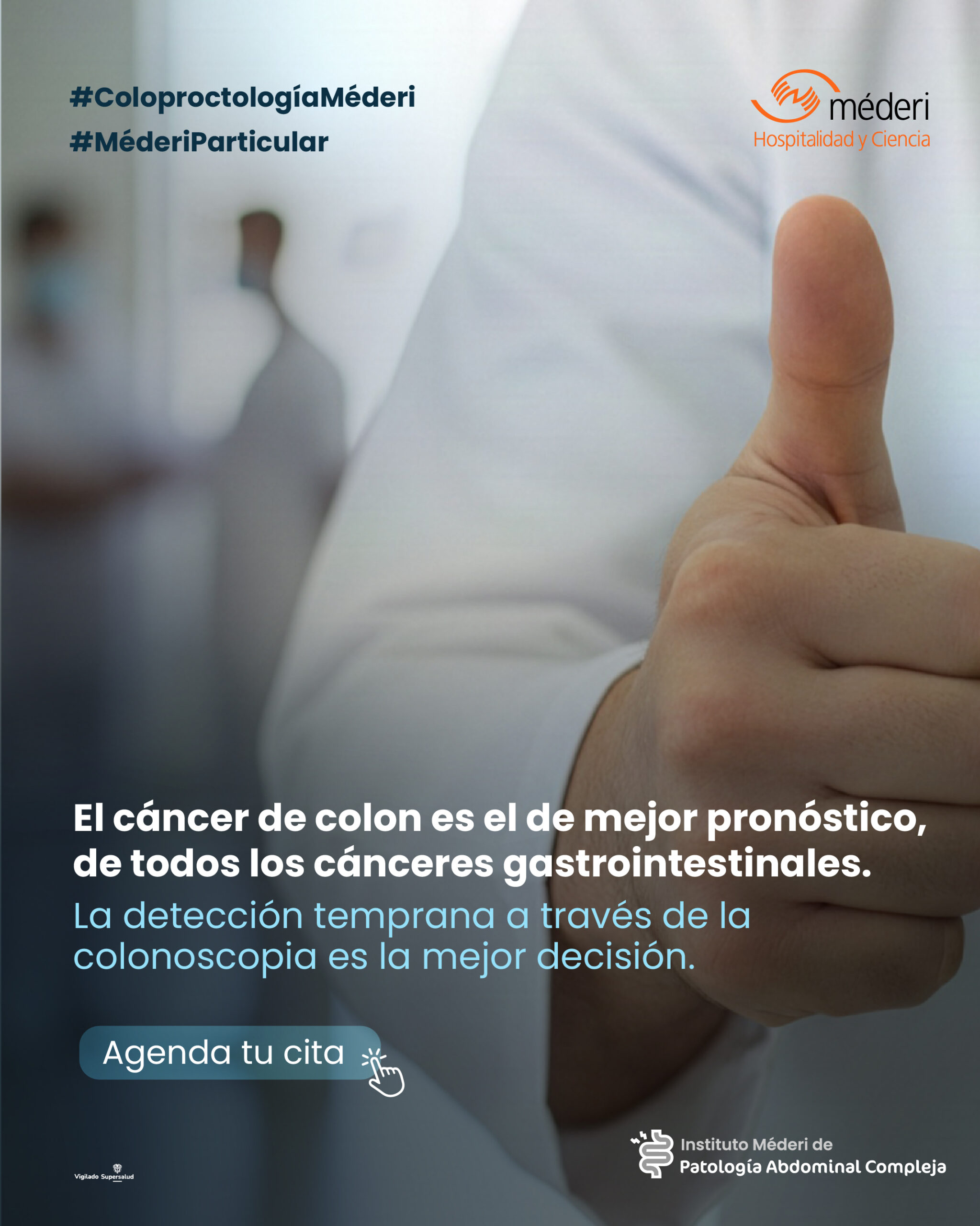 Cita Coloproctología Méderi Banner publicitario de Méderi Particular sobre detección temprana y prevención de cáncer de colon.